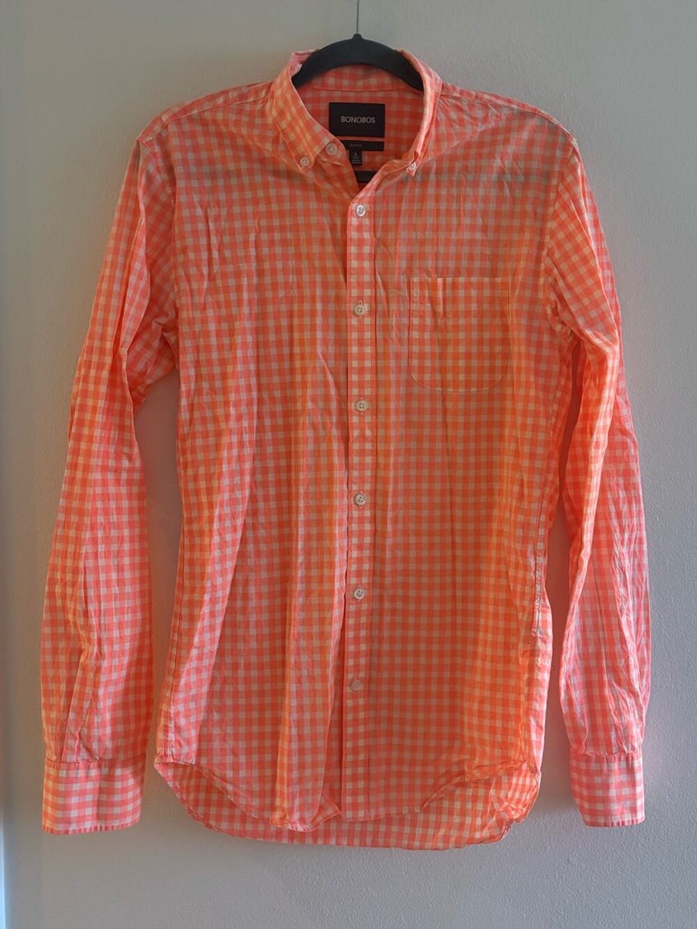 Bonobos Slim Fit Bright Orange Plaid Checkered Button Down Shirt Small Long